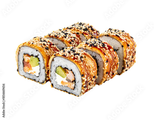 Delicious Sushi Roll with Sesame Seeds and Avocado.