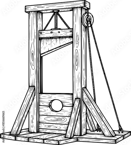 Vintage Guillotine Execution Device Hand Drawn Etching. French Revolution, Black & White Outline Line Art, History, & Justice Graphic.
