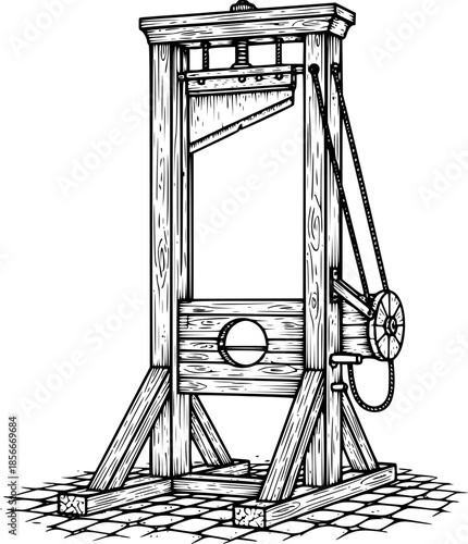 Vintage Guillotine Execution Device Hand Drawn Etching. French Revolution, Black & White Outline Line Art, History, & Justice Graphic.
