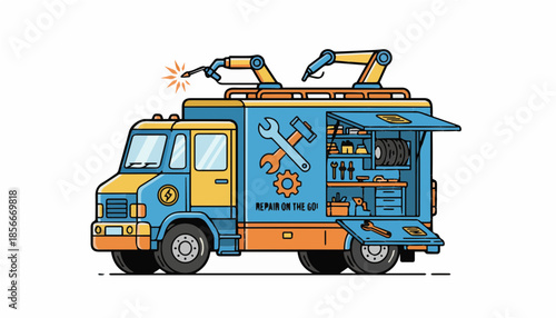 Mobile Robotic Repair Workshop Truck with Automated Tools and Service Van Illustration