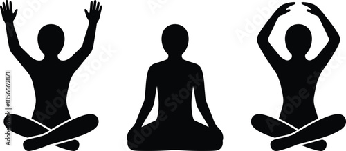 Yoga meditation silhouettes set, seated lotus poses with raised arms, mindfulness relaxation practice, black vector illustration isolated background white design