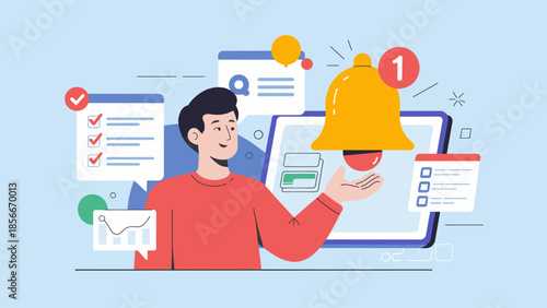 man managing notifications and tasks on a digital interface