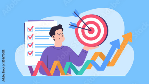 man holding a target with a completed checklist, vector illustration for goal achievement, business growth, and strategic success