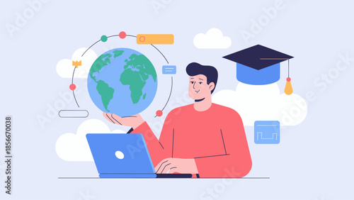 student  at a laptop studying with a globe and graduation cap,  global education and online learning
