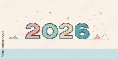 Vibrant 2026 typography with colorful geometric shapes and confetti