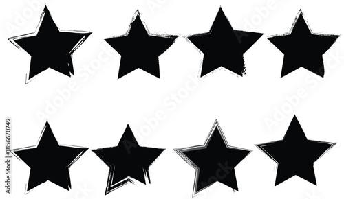 Set of eight hand-drawn black star silhouettes with distressed grunge texture isolated on a solid white background