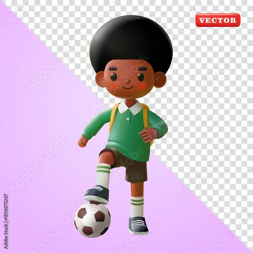 An African schoolboy with Afro hair is playing ball, 3D vector. Suitable for education and sports