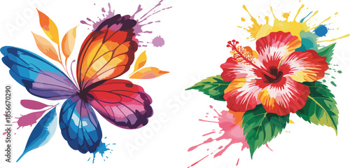 Colorful Watercolor Butterfly and Hibiscus Flower Set Featuring Artistic Paint Splatter Nature-Themed Graphic Designs