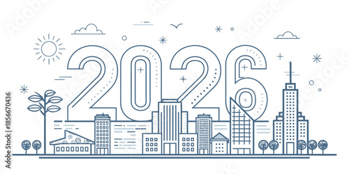 Modern cityscape with 2026 illustration and futuristic skyline