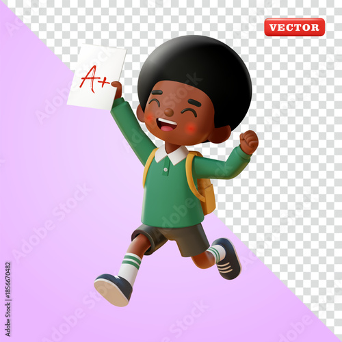 An African schoolboy with afro hair runs happily after getting a good grade, 3D vector. Suitable for education