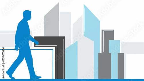 Silhouette of a man walking in a modern city.