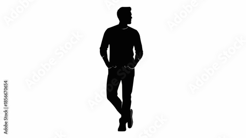 Silhouette of a man standing with hands in pockets looking away.