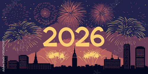 Vibrant city skyline celebrates 2026 with dazzling fireworks display