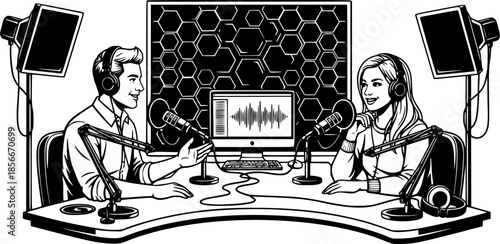 Podcast recording studio with man and woman podcasting concept
