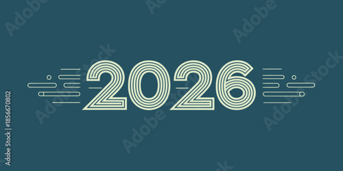 Thin-stroke outlined 2026 typography, clean flat vector style, modern minimalist look, sharp edges, subtle New Year background