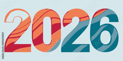 Layered paper-cut shapes forming 2026, clean flat vector style, smooth layers, modern abstract look, minimal New Year background