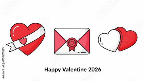 Sweet vector illustration set featuring stylized hearts and an elegant envelope, ideal for expressing love and romantic sentiments, perfect for special occasions