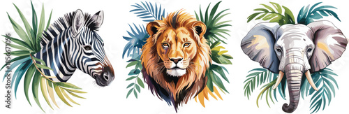 Colorful Watercolor Safari Animal Portraits Set: Featuring Zebra, Lion and Elephant Heads with Tropical Leaves