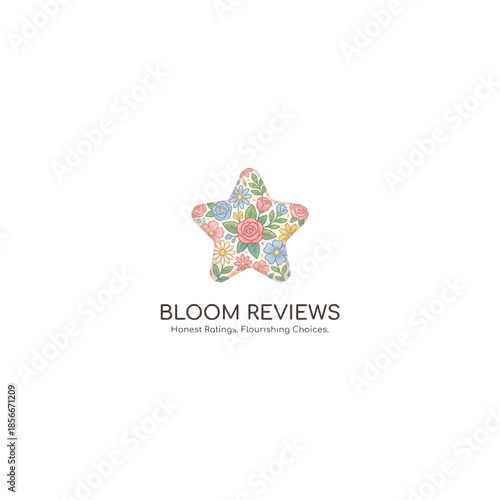 Vibrant star shaped logo with floral pattern and Bloom Reviews text