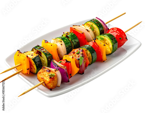 Delicious Grilled Vegetable and Chicken Skewers on a Plate.