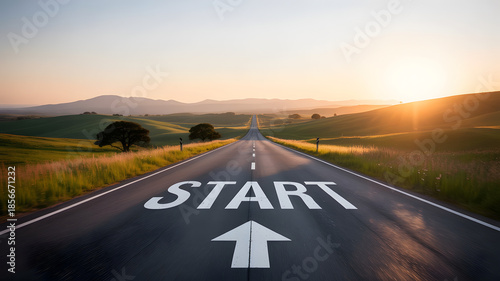 A scenic road leading to a bright future with a start sign at the beginning