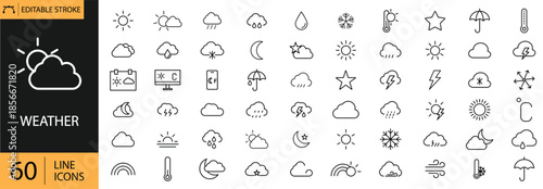 Weather set of 60 icons include rainy, cloudy, sunny, lightning