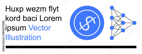 Fintech, digital transactions, blockchain technology, online payments, data connectivity, currency systems. Dollar sign inside a circle with network nodes on the side. Fintech and blockchain