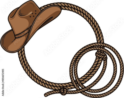 Rope frame with cowboy hat and lasso. Vector wild west illustration isolated on white foe design.
