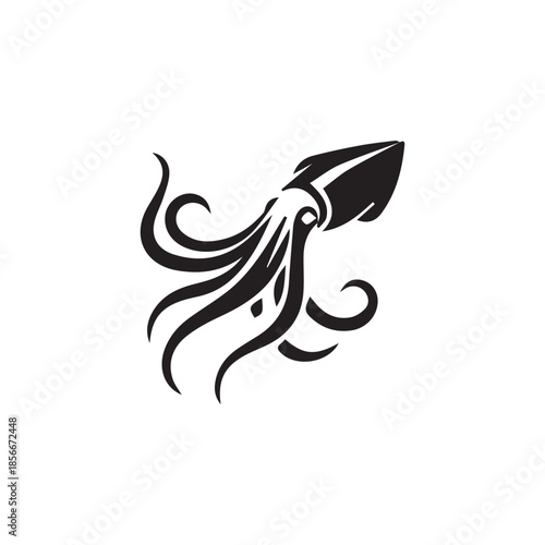 Stylized black squid swimming with elegant tentacles design