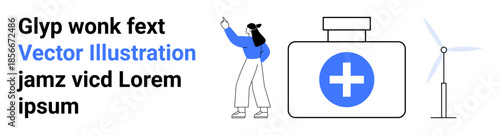 Woman gesturing with hand, standing next to wind turbine and medical container with cross. Ideal for healthcare, sustainability, renewable energy, environmental health, wellness, innovation, simple