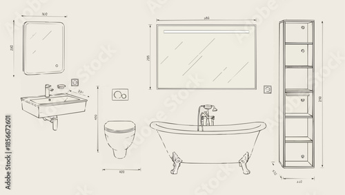 Bathroom Fixtures Blueprint Design Elements.