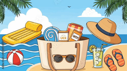 Beach bag filled with vacation essentials on a sunny day.