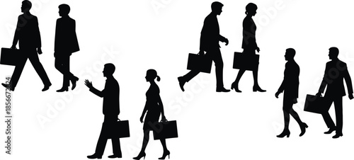 Professional Black Business People Silhouette Set: Featuring Men and Women Walking with Briefcases Graphic Designs