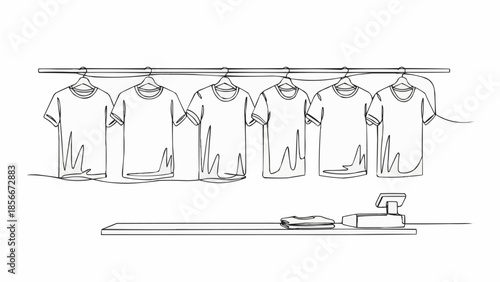 Six white t-shirts hanging on a clothesline with an ironing board and iron below.