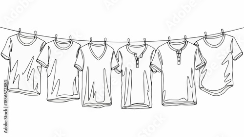 Six T-shirts hanging on a clothesline with clothespins.