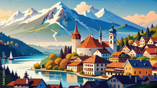 Very beautiful cityscape of Thun featuring Lake Thun and alpine mountains, where historic architecture, clear water, and dramatic peaks combine into a picturesque Swiss postcard scene.