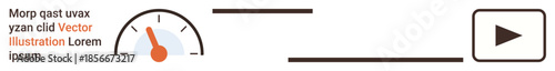 Performance tracking, user experience, multimedia design, progress, speed measurement, digital technology. Minimalist speedometer, progress bar and play button. Performance tracking and user