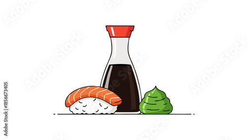 Delicious Salmon Nigiri Sushi with Wasabi and Soy Sauce Bottle Vector Illustration