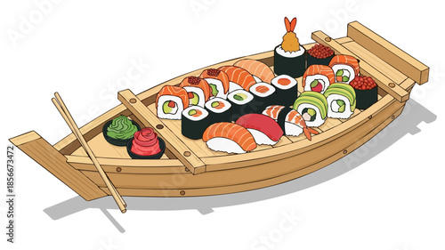 Delicious Sushi Boat Platter Assortment with Chopsticks Japanese Cuisine Illustration