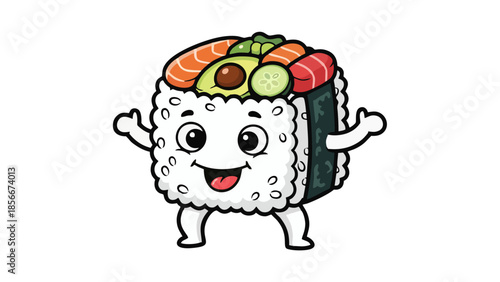 Cute Cartoon Sushi Roll Character with Smiling Face Happy Kawaii Food Illustration for Kids and Food Brands