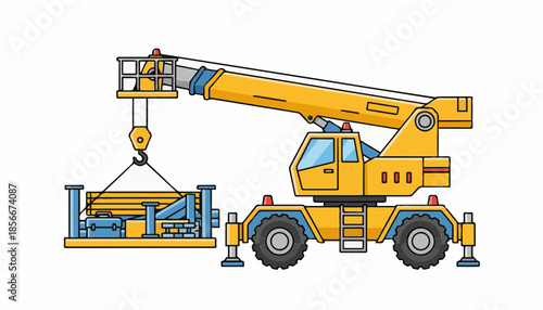 Yellow Mobile Crane Truck Lifting Construction Materials Cartoon Illustration Isolated