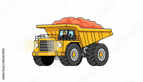 Giant Yellow Haul Truck with Driver Cartoon Illustration for Mining and Construction