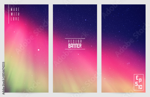 Northern lights. Purple aurora borealis. Abstract vector banner set
