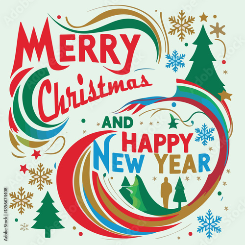 Vintage vector Christmas greeting card design featuring a decorated tree with festive holiday celebration elements for Christmas and New Year greetings