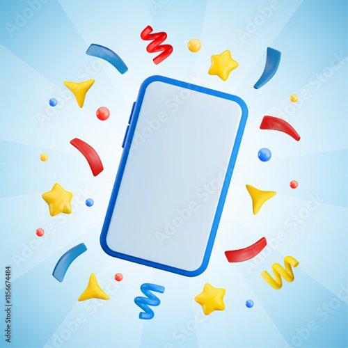 Vector cartoon 3d festive smartphone banner. Cute mobile phone mockup with confetti, sparkles, star on sunburst striped blue background. Realistic 3d render illustration winner, congratulation concept