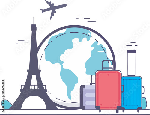 Global travel concept with luggage airplane and world landmarks flat illustration