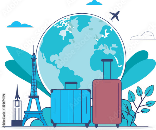 Global travel illustration with luggage airplane and world landmarks