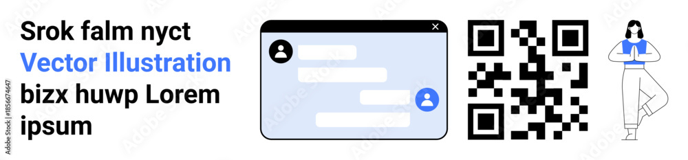 Fototapeta premium Digital communication, online interaction, QR scanning, social media, UI design, technology. Messaging interface with chat bubbles, QR code and standing character. Digital communication and online