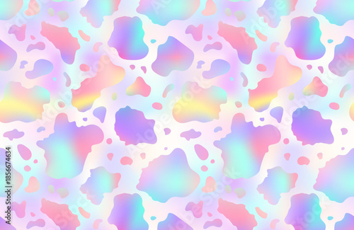 Abstract cow rainbow pattern background. Vector animal skin print, cute holographic spots on foil gradient background. Natural stylized spotted texture for backdrop, decoration, wallpaper, cover.