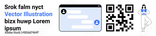 Digital communication, online interaction, QR scanning, social media, UI design, technology. Messaging interface with chat bubbles, QR code and standing character. Digital communication and online